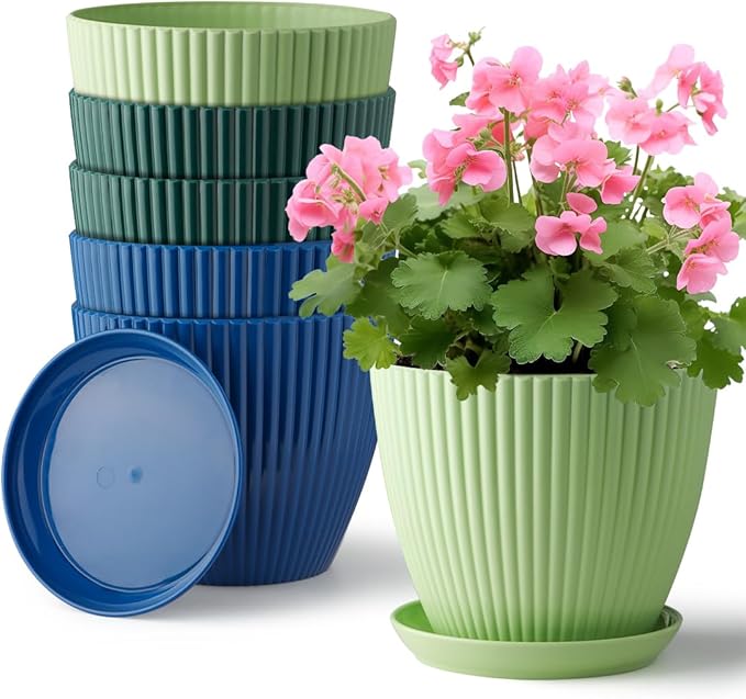 Plastic Plant Pots, 6 Pack 7.5 Inch Flower Pots with Drainage Holes and Saucer, Planters for Indoor Outdoor Plants, Stylish Decor for Home and Garden(Blue, Green, Dark Green) RooTrimmer