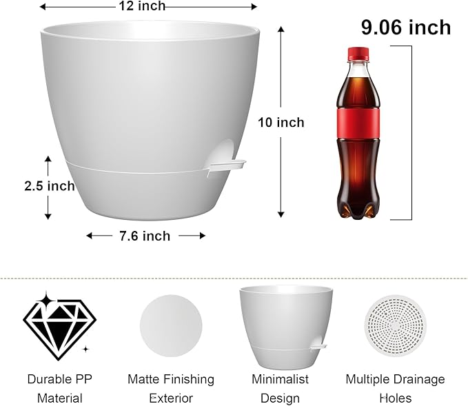 12 Inch Large Self Watering Pots, Flower Pots with Multi-Mesh Drainage Holes and Saucer, Planters for Indoor and Outdoor Garden Plants (White) Rootora