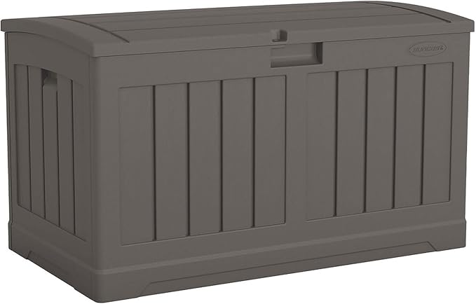 Suncast 50 Gallon Plastic Deck Box with Molded Lockable Feature and Weathertight Construction for Home, Patio, Lawn, and Garden Storage, Gray Suncast