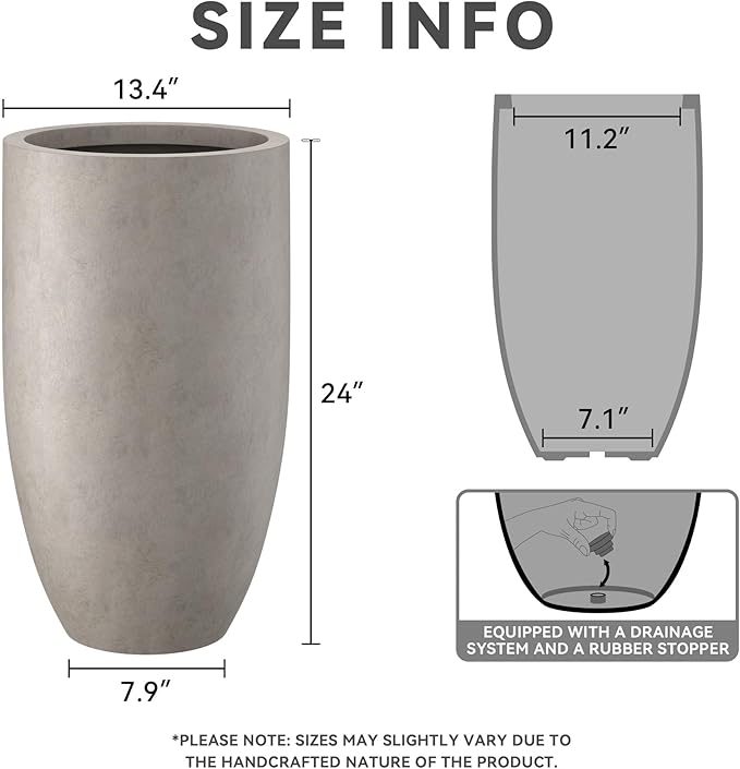 Kante 24 Inch Tall Round Concrete Planter, Large Indoor Outdoor Plant Pots with Drainage Hole and Rubber Plug, Modern Decorative Garden Pots for Home Patio Porch, Weathered Concrete Kante