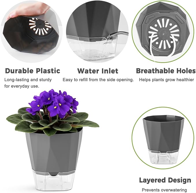 6 Pack Self Watering Pots for Indoor Plants, 5 Inches Self Watering Planters African Violet Self Watering Clear Pots for Plants Herb Orchid Flower Houseplant, Dark Grey Planterhoma