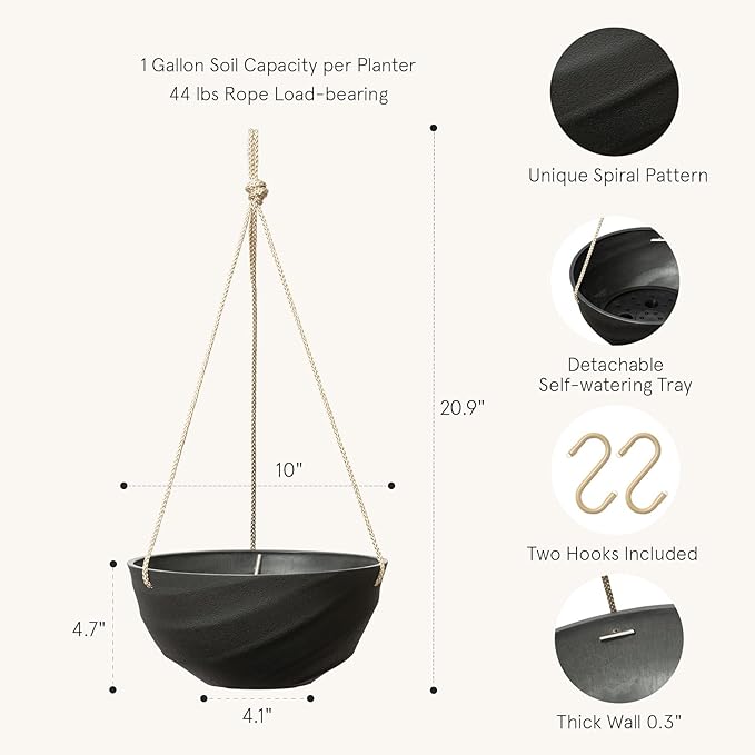 La Jolie Maison 10 Inch Hanging Planters for Indoor Plants, Outdoor Garden Planter Pots with Self-Watering Tray, Jet Black, Spiral Pattern, Set of 2 LaJolieMaison