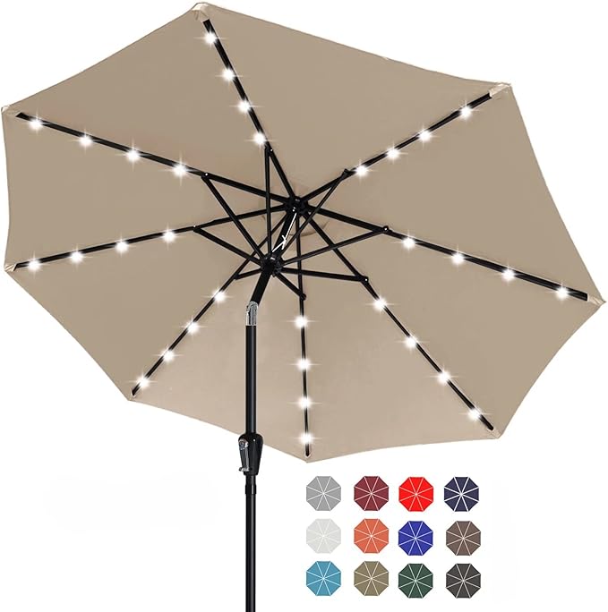 ABCCANOPY Durable Solar Led Patio Umbrellas with 32LED Lights 9FT (khaki) ABCCANOPY