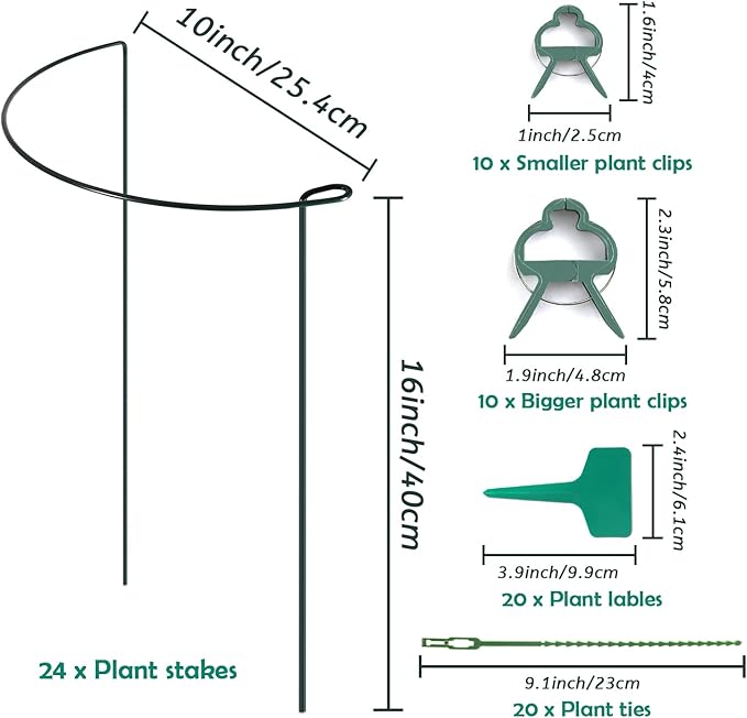 24 Pack Plant Support Stake, Half Round Metal Garden Plant Stake, Green Plant Support Ring, Border Support with Plant Lables & Plant Clips for Outdoor Indoor Plants, Vegetable, Flowers Linyona