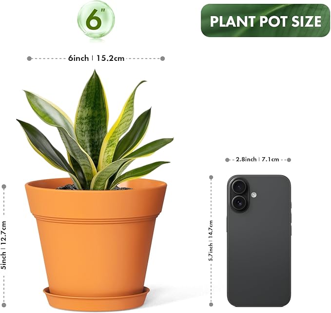 6 Inch Thick Plastic Plant Pots with Drainage Holes and Trays – 6 Pack Nursery Pots for Indoor & Outdoor House Plants, Seedling Starter Planters for Garden Flowers, Terracotta WSMKSZ