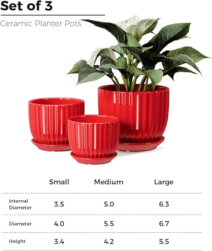 Ton Sin Ceramic Plant Pots - 4/5/6 Inch Red Planters Set of 3 with Drainage Holes and Saucer - Indoor Flower Pots for Plants Ceramic Planters for Indoor Gardening Succulent Pots TonSin