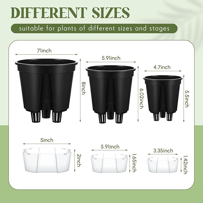 Self Watering Pots for Indoor Plants with Deep Reservoir and High Drainage Holes for Outdoor Plants and Flowers, Bare Root Planter(4.72'', 5.91'', 7.09'',Black,9 Pcs) Wonderjune