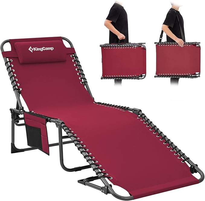 KingCamp Lounge Chair Outdoor, Folding Portable Tanning Chairs Comfy Adjustable 5-Position Lay Flat Foldable Chaise Chaser Lounger with Pillow for Outside Beach Patio Sun Bathing Pool Backyard, Wine KingCamp