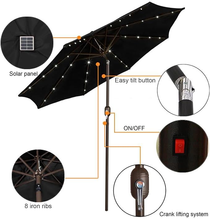 Blissun 9 ft Solar Umbrella, 32 LED Lighted Patio Umbrella, Table Market Umbrella, Outdoor Umbrella for Garden, Deck, Backyard, Pool and Beach (Black) Blissun