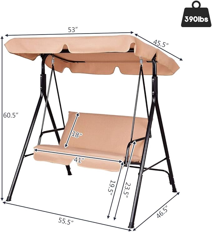 Tangkula 2 Person Porch Swing, Outdoor Swing with Removable Cushions, Solid Steel Structure, Patio Swing with Adjustable Canopy for Porch, Backyard, Garden, Balcony Beige TANGKULA