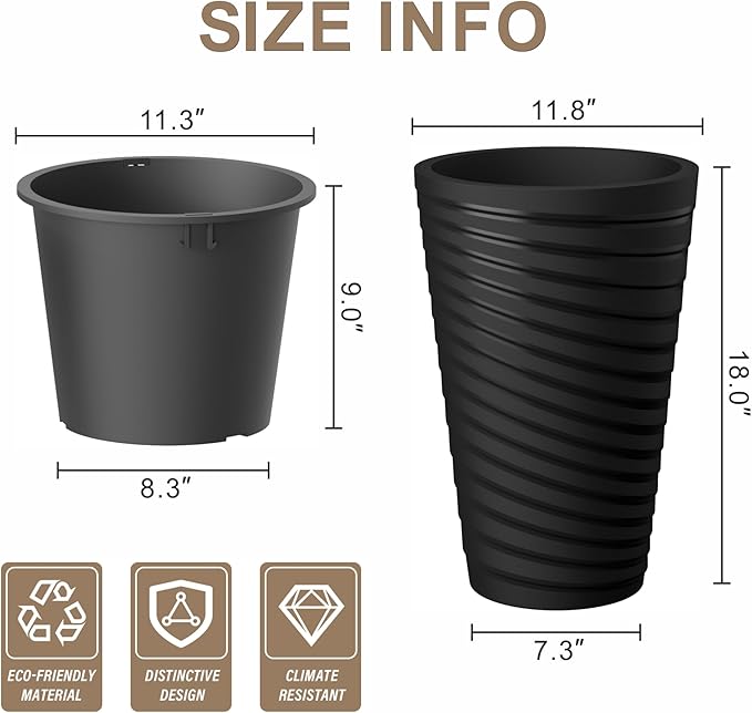 Kante 18 Inch Tall Planter Set of 2, Round Spiral Textured Flower Pots, Decorative Plant Pots for Outdoor Indoor Home Garden Patio (Black) Kante