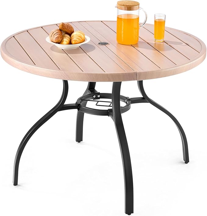 VEVOR Outdoor Patio Dining Table, 41 inch Round Wood-Like Steel Slat Backyard Bistro Coffee Tables for 4, with 1.5 in Umbrella Hole, Outside All-Weather Large Furniture for Lawn Garden Porch VEVOR