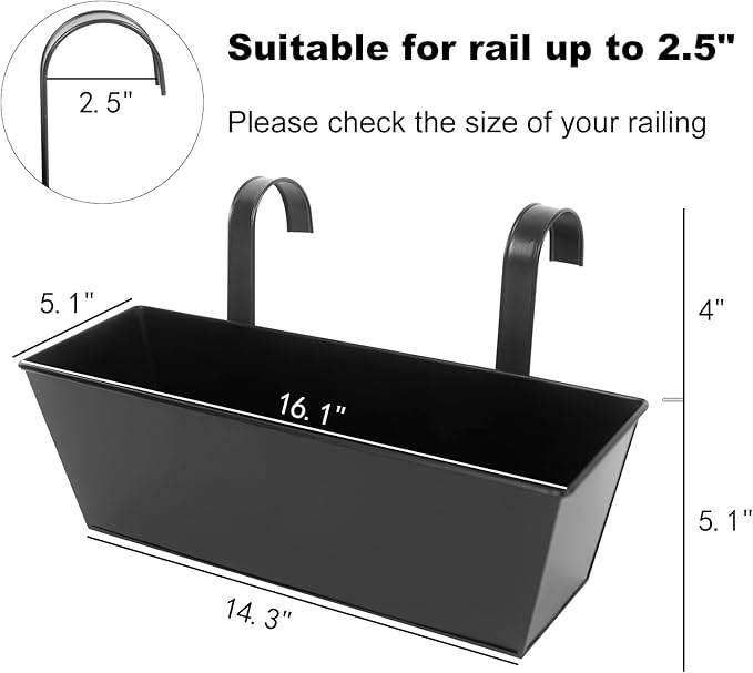 Railing Planters Outdoor Balcony 16 Inch Deck Over The Railing Planter Boxes Hanging Planters for Fence Flower 5 Pcs (Black) Holensun