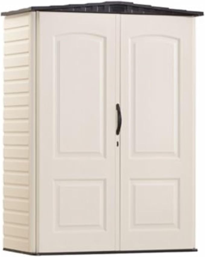 Rubbermaid Small Vertical Resin Outdoor Storage Shed With Floor (2.3 x 4.6 Ft), Weather Resistant, Beige/Brown, Organization for Home/Backyard/Pool Chemicals/Toys/Garden Tools/Porch/Patio Cushions Rubbermaid