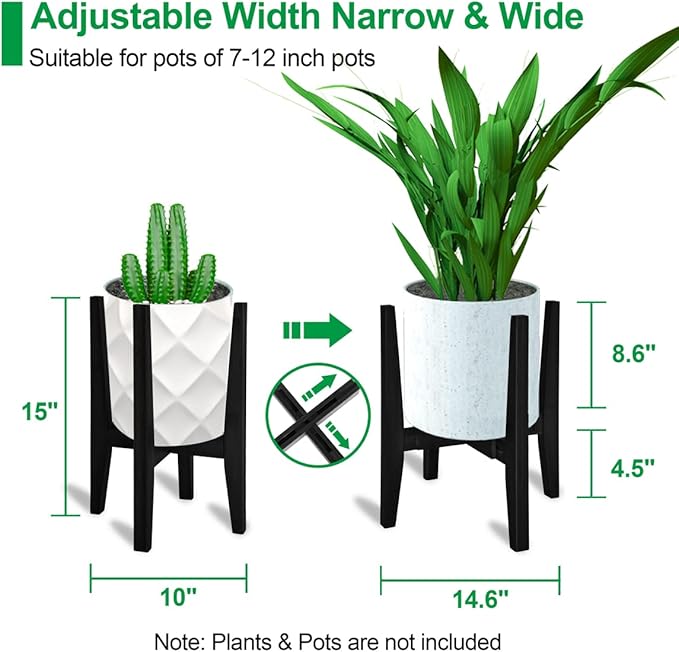 OERGKE Adjustable Plant Stand Indoor, Bamboo Mid Century Modern Plants Stands, Corner Flower Holder for Living Room, Fits 8 to 12 Inches Pots, (Pot & Plant Not Included)(Black, 1 Pack) OERGKE