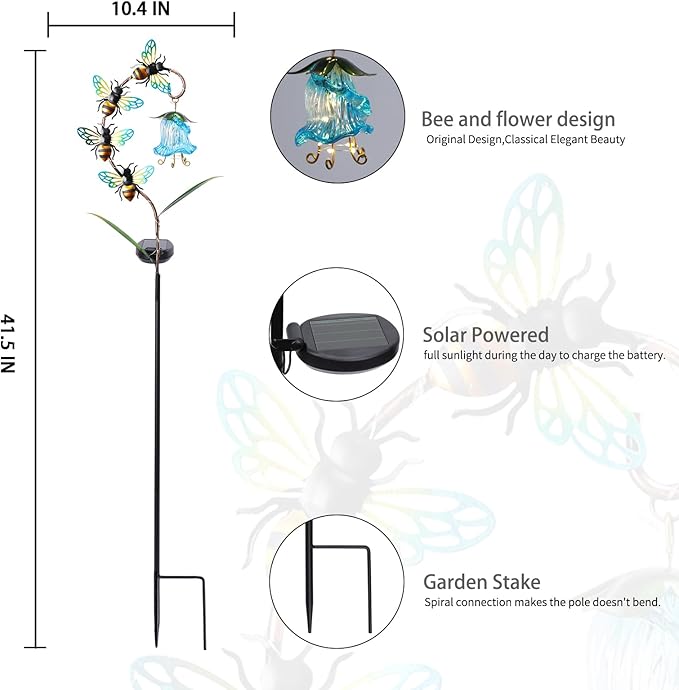 Bshine Solar Flower Outdoor Waterproof Bee Lights, Valentine's Day Garden Decorative Metal Stake Bee Hanging Flower, Yard Decorations Outdoor Patio, Courtyard, Pathway and Lawn Ornaments Bshine