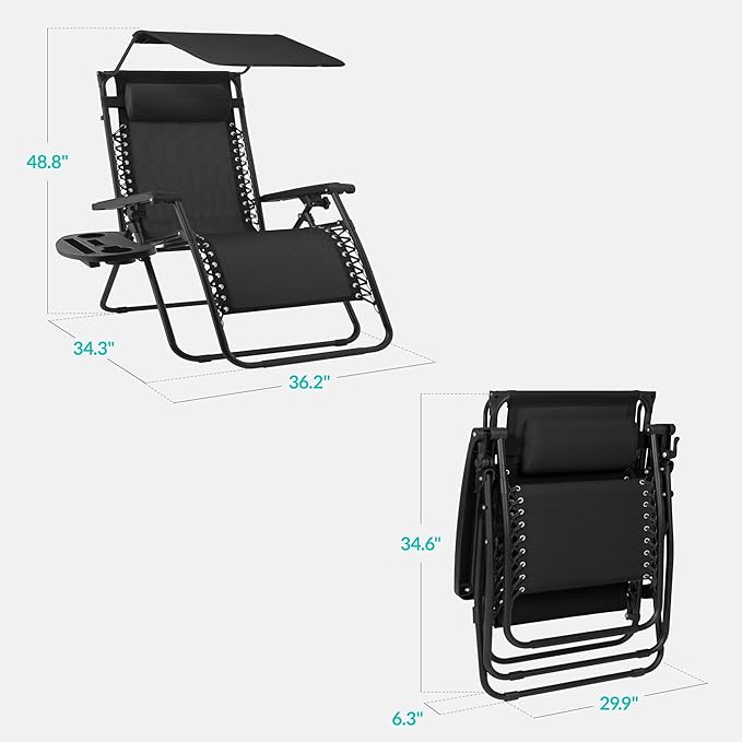Best Choice Products 30” Wide Folding Zero Gravity Outdoor Recliner Patio Lounge Chair w/Adjustable Canopy Shade, Headrest, Side Accessory Tray - Black BestChoiceProducts
