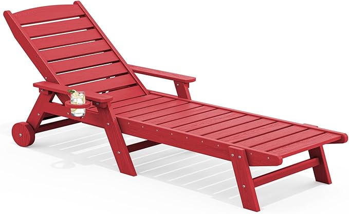 SERWALL Patio Chaise Lounge Chair, 78'' Long HDPE 5 Positions Adjustable Outdoor Lounger, Poly Lounge Chair with Rolling Wheels & Cup Holder for Pool, Bright Red SERWALL