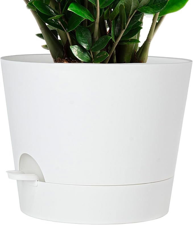 12inch Large Self Watering Plant Pot, Plastic Cylinder Planter with 60Oz Deep Reservoir and Saucer for Indoor Outdoor Plants Flowers Houseplants, White SwinDuck
