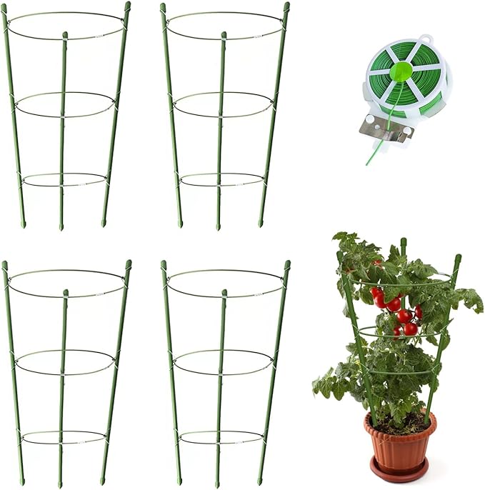 4 Pack Tomato Cage for Garden Plant Support, 24 inches Small Tomato Cages Tomato Trellis with Adjustable Rings, Plant Stakes for Peony Support, Tomato Stakes Rings for Climbing Plants HOYEJYOU
