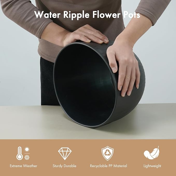 12 Inch Large Plant Pots for Indoor or Outdoor Plants, Wide Water Ripples Flower Pots with Drainage Holes & Saucer, Plastic Planters Set for Garden & Home Decor (Black) WSMKSZ