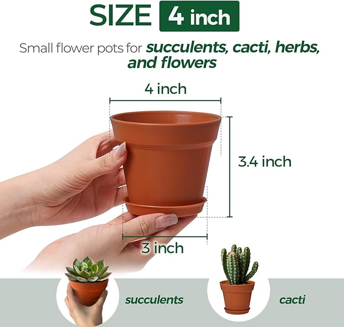 T4U 4 Inch Plant Pots 8-Pack, Small Flower Pots with Drainage Hole and Saucer, Decorative Nursery Pot Bulk for African Violet, Snake Plant, Succulent, Herb and Plants Indoor (8 Pcs 4" Pots) T4U