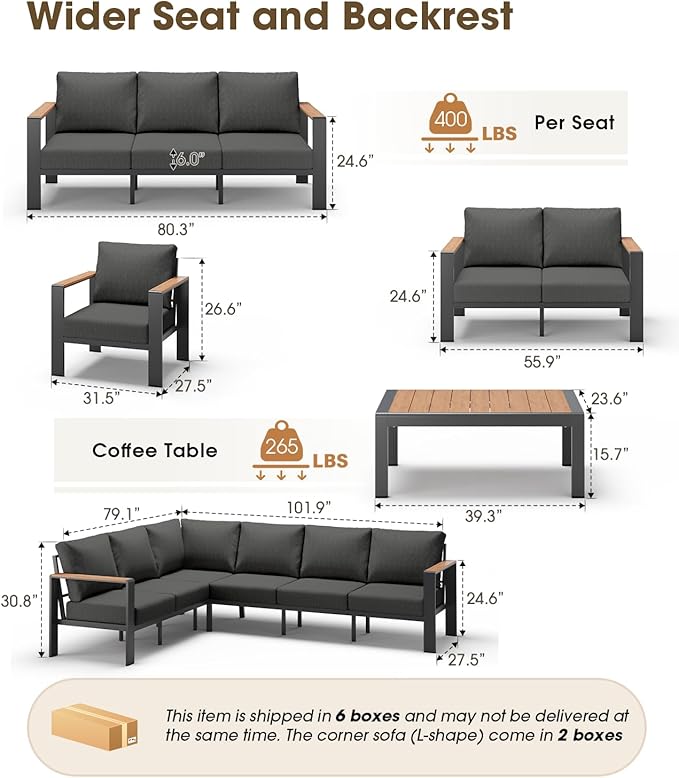Aluminum Outdoor Patio Furniture Set 11 Seats, Outdoor Sectional Corner Sofa Set, Patio Conversation Sets with Washable Thick Cushions & Coffee Table for Porch, Yard, Garden, Deck, Graphite ComfCove