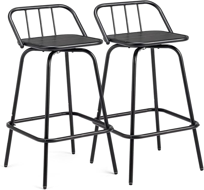 VINGLI 2 PCS Outdoor Swivel Bar Stools, 30 Inch Metal Barstools with Backrest & Footrest, 360° Rotating All-Weather Stools for Garden, Balcony, Kitchen Island (Black) VINGLI