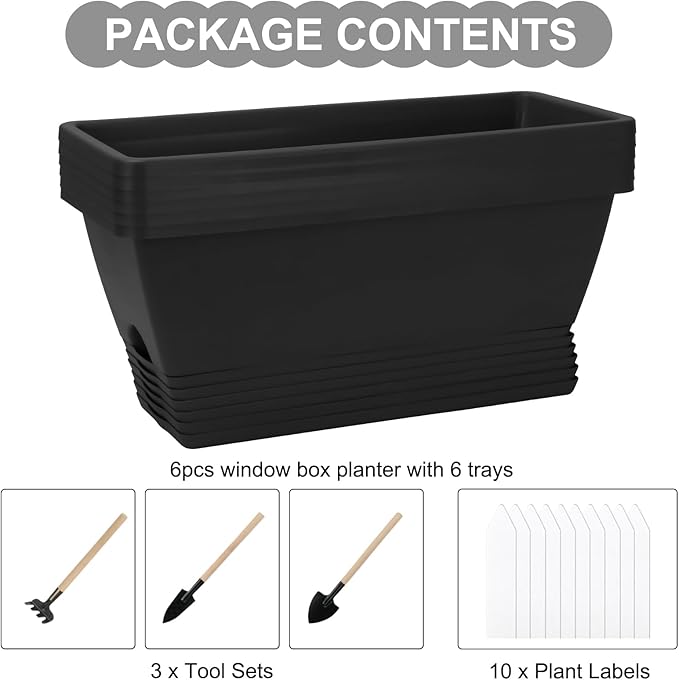 Window Box Planter, 6 Packs 17 Inches Rectangle Planters Box with Drainage Holes and Trays, Vegetable Planters for Windowsill Patio Garden Home Decor Porch Yard Dark Gray OSMOFUZE