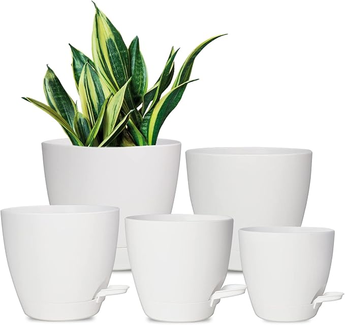 Plant Pots, 7/6.5/6/5.5/5 Inch Self Watering Planters, Pots for Indoor Plants with Drainage Hole for Succulents, African Violet (Matte White) Vanslogreen