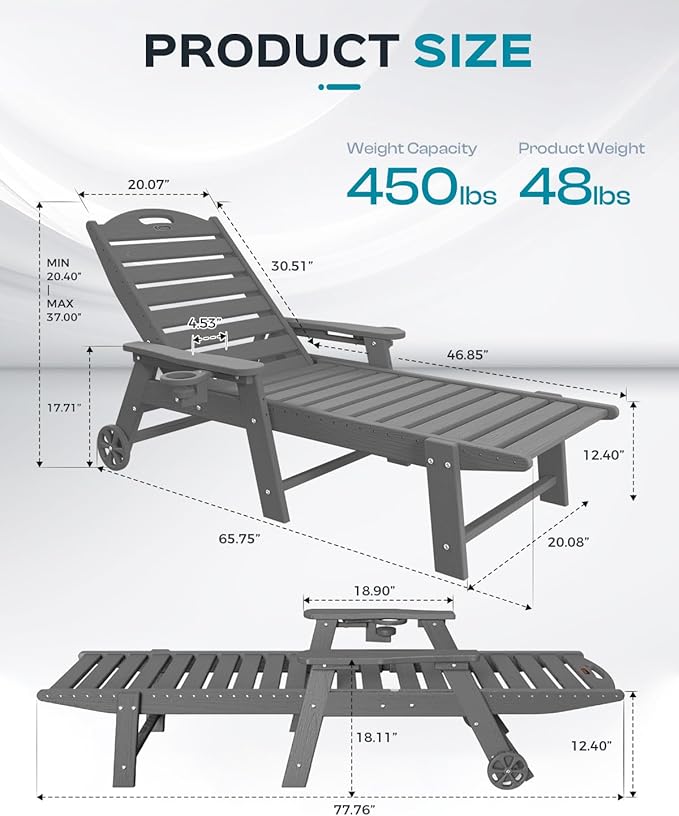 Ciokea Outdoor Chaise Lounge Chair Set of 2, Patio Lounge Chairs for Outside, HDPE Lounge Chairs with Wheels & Cup Holder, Poly Lounge Chair with 5 Position for Poolside, Deck, Dark Grey CIOKEA