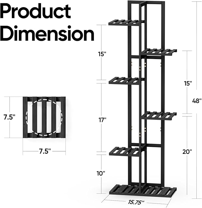 ROSSNY 48 Inch Tall Plant Stand Indoor, 6 Tier 7 Potted Bamboo Plant Stands for Indoor Plants, Corner Plant Stand, Tiered Plant Stands, Plant Shelf For Indoor, Planter Holder for Multiple Plants Indoor, Black ROSSNY