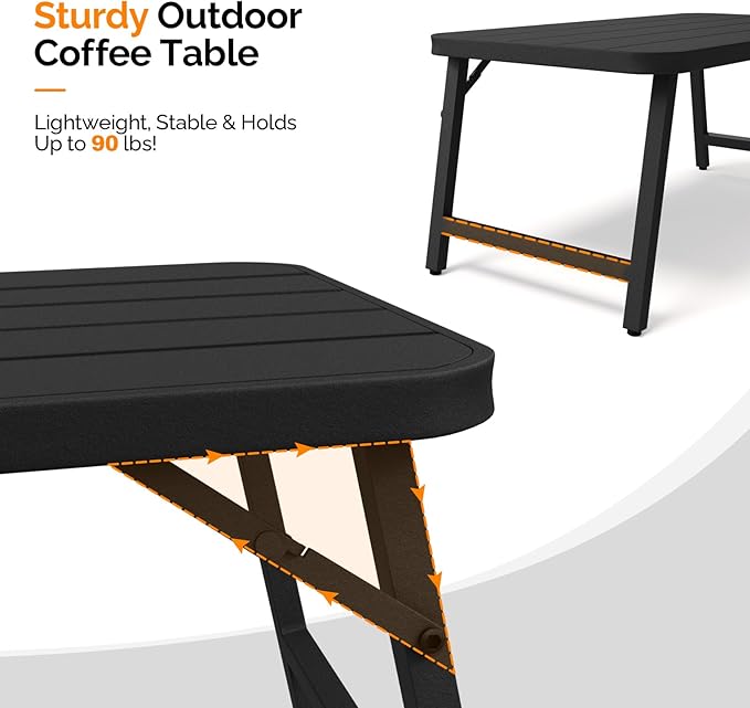 VINGLI Outdoor Folding Coffee Table, Rectangle Drainable Iron Patio Table for Balcony, Porch, and Living Room, Black VINGLI
