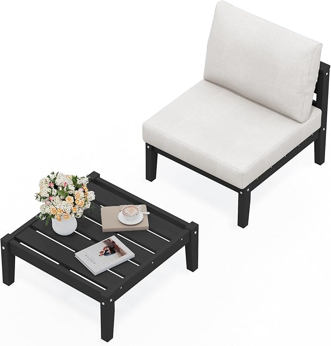SERWALL HDPE Patio Furniture Set, 2 Pieces Outdoor Sectional Sofa Set, All-Weather Wood-Like Outdoor Sofa Couch with Coffee Table for Deck, Lawn, Black Frame with Khaki Cushion SERWALL