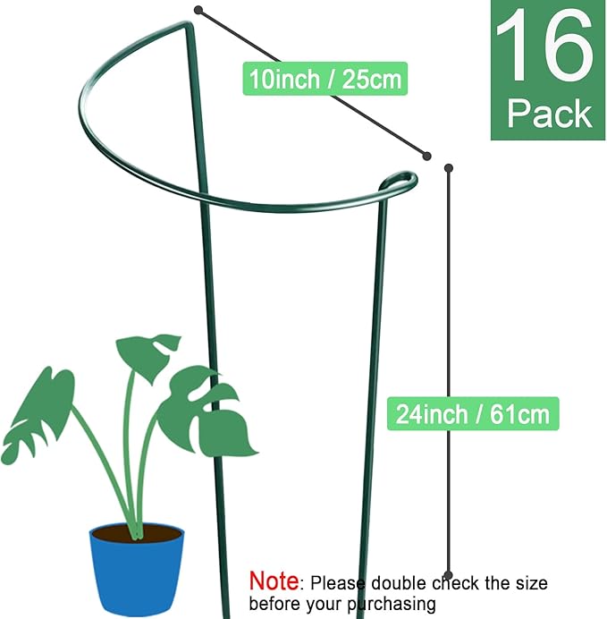 HiGift 16 Pack 24 Inch Plant Support Stakes, 10" Wide x 24" High Half Round Metal Garden Plant Stake Peony Support Cage, Green Plant Support Ring Border for Tomato,Hydrangea,Flower Indoor Outdoor HiGift