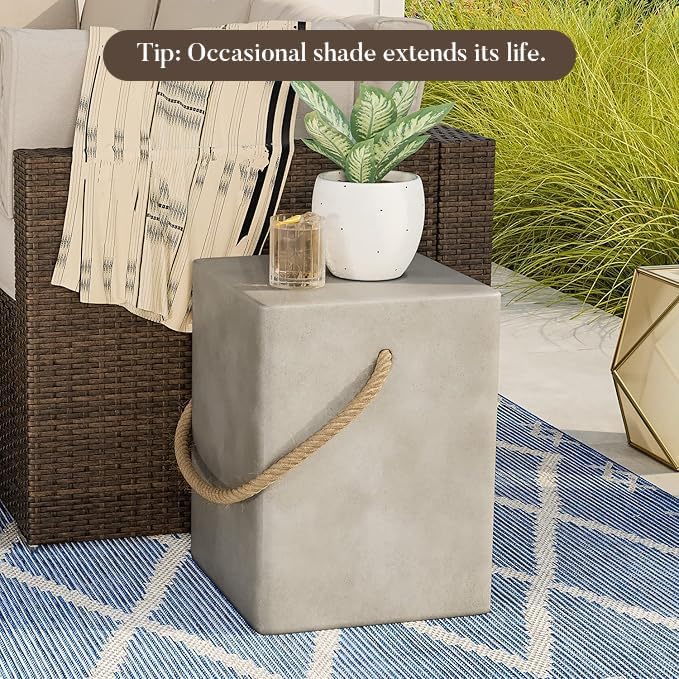 COSIEST Set of 2 Concrete Side Table, Rectangular Outdoor Side Table w Hemp Rope Handles,15''Patio Side Tables End Table, Outdoor Accent Side Table for Garden and Patio, Grey COSIEST