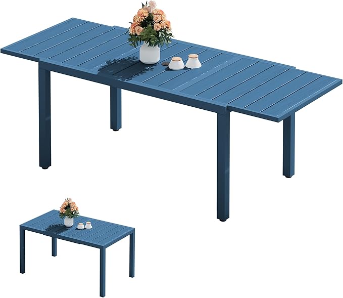 SERWALL Outdoor Expandable Dining Table 60" - 83", Patio Dining Table for 4-10 People, All Weather HDPE and Aluminum Outdoor Furniture for Backyard, Garden, Blue SERWALL
