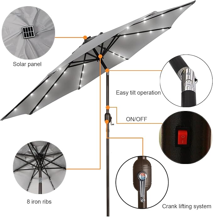 Blissun 9 ft Solar Umbrella, Patio Umbrella with 32 LED Lights, Table Market Umbrella, Outdoor Umbrella for Garden, Deck, Backyard (Light Grey) Blissun