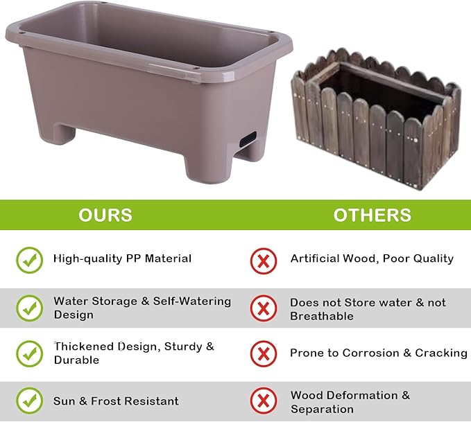 Self-Watering Rectangle Planter Boxes 8-Pack, 15.7-Inch Window Box Planter with Drainage Holes & Trays, Pots for Vegetables, Herbs, Flowers, Garden Windowsill Balcony (Coffee) Oliz