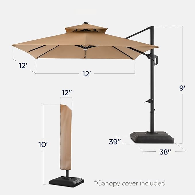 Best Choice Products 12x12ft LED Cantilever Patio Umbrella w/Base Included & 360° Rotation, Large Solar Offset Hanging Outdoor Sun Shade for Deck, Backyard Table w/Stand & Lights – Tan BestChoiceProducts
