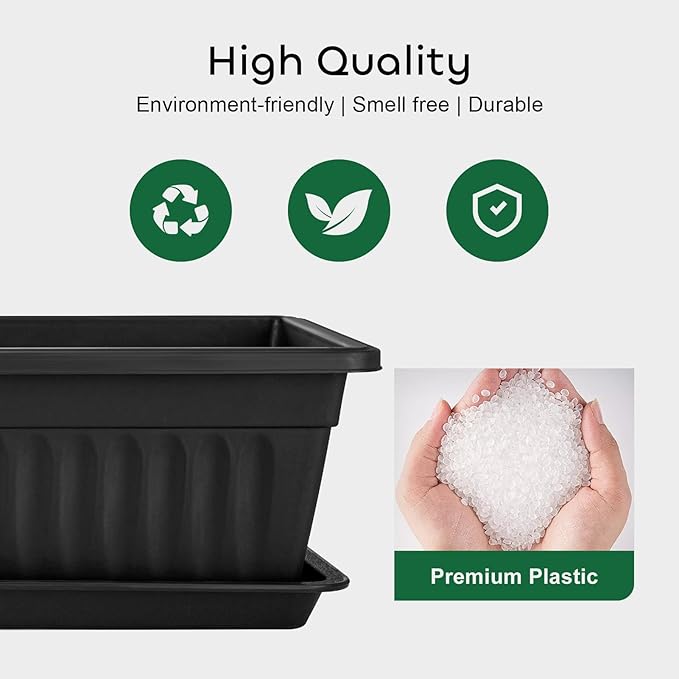GROWNEER 6 Packs 17 Inches Black Flower Window Box Plastic Vegetable Planters Long Pots with 15 Pcs Plant Labels for Outdoor Indoor Windowsill, Patio, Garden, Home Decor, Porch GROWNEER