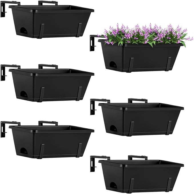 ETELI Railing Planter Hanging and Planter Box Brackets Set 6 Pack Adjustable Deck Window Boxes Planters with Drainage Holes for Garden Railing Fence, Black ETELI