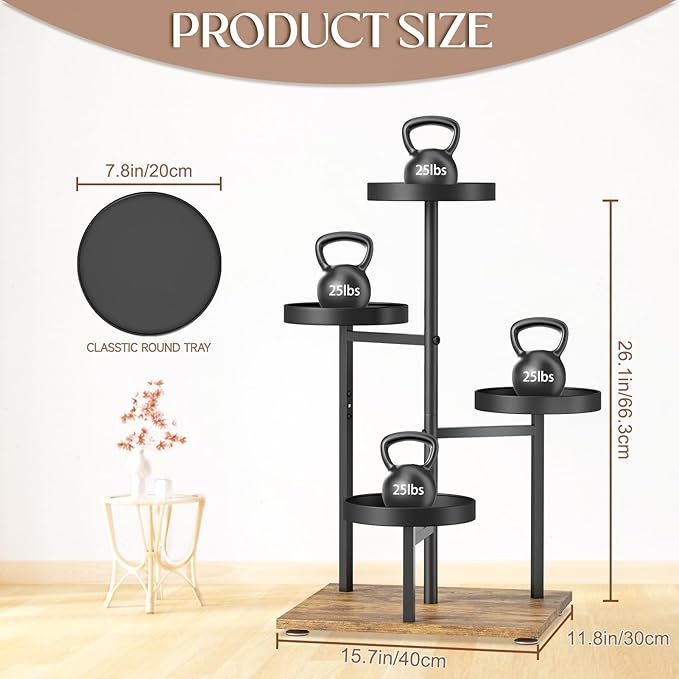 iDavosic.ly 4 Tier Plant Stand Indoor, Tiered Corner Flower Holder Shelf Outdoor, Metal Tall Orchid Display Rack for Patio Porch Garden Balcony Office Living Room, Modern Black & Rustic Brown iDavosicly