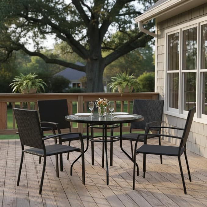 Tangkula 32" Round Outdoor Table with Tempered Glass Top, Patio Dining Table with Umbrella Hole & Metal Frame, Outside Bistro Table for Backyard, Lawn, Deck & Poolside TANGKULA