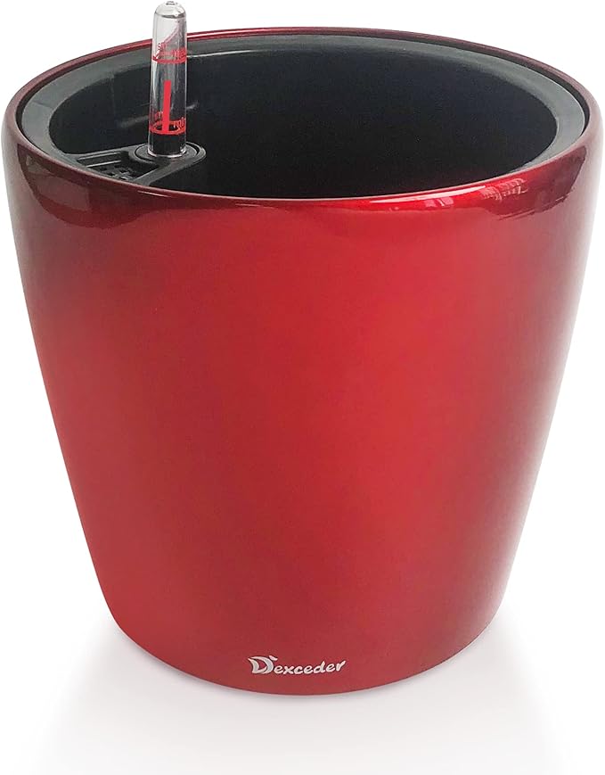 Dexceder 11x10 Inches High Gloss Self Watering Planter Indoor Outdoor, Inner Pot Design, Thickened Table Flower Plant Pot with Water Level Indicator (Red) Dexceder