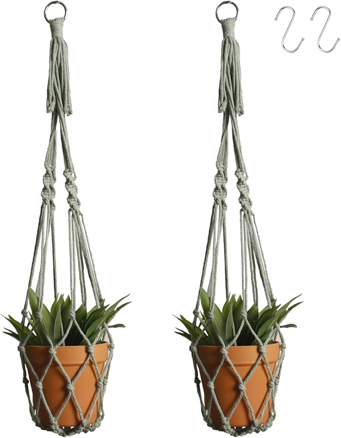 Artilady Macrame Hanging Planter for Indoor Plants, Boho Woven Plant Hanger Large Hanging Flower Pot Holders Outdoor Baskets Storage No Tassels Sage Green Wall Decor (Sage Green-2pcs) Artilady
