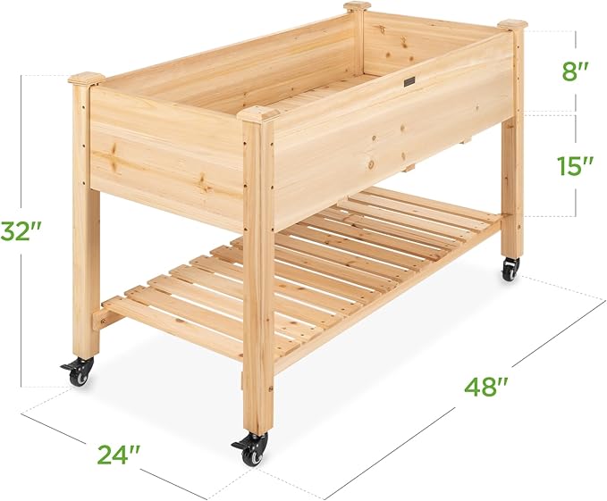 Best Choice Products Raised Garden Bed 48x24x32-inch Mobile Elevated Wood Planter w/Lockable Wheels, Storage Shelf, Protective Liner - Natural BestChoiceProducts