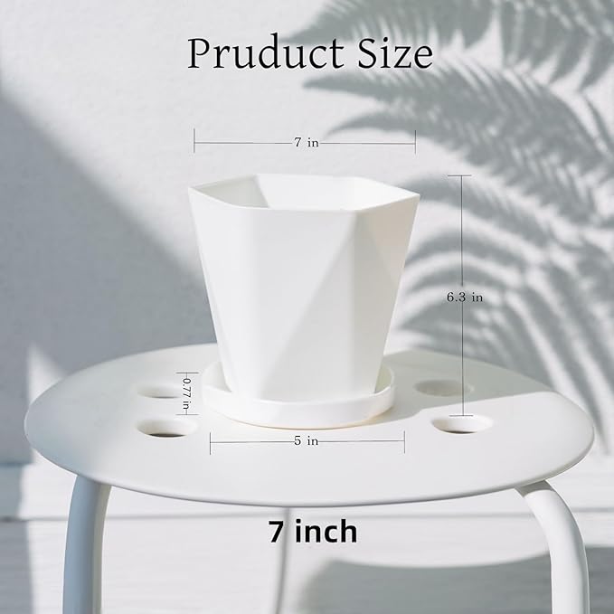InmeRun Plant Pots Indoor Plastic Flower Pots Outdoor 7 inch Set of 12 Pack with Drainage Holes and Saucers for Garden Pots (7 in 12 White) InmeRun