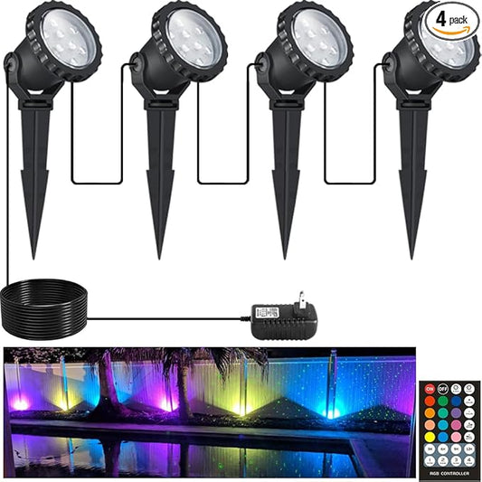 Spotlights Outdoor, RGB Color Changing Landscape Lights 12W 800lm 120V Plug in LED Spot Lights with Remote, IP66 Waterproof Outdoor Lights for Tree Yard House Flag Garden, 46.5ft Cord, 4 Pack COVOART