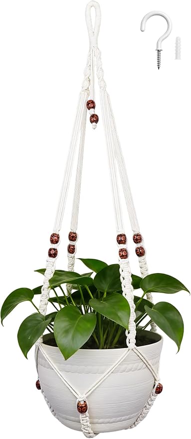35 Inch Macrame Plant Hanger, Large for up to 15 Inch Pot Extra Long Hanging Planter Holder Basket with Wood Beads for Indoor Outdoor Home Decor (Ivory, 1-Pack) Rootora